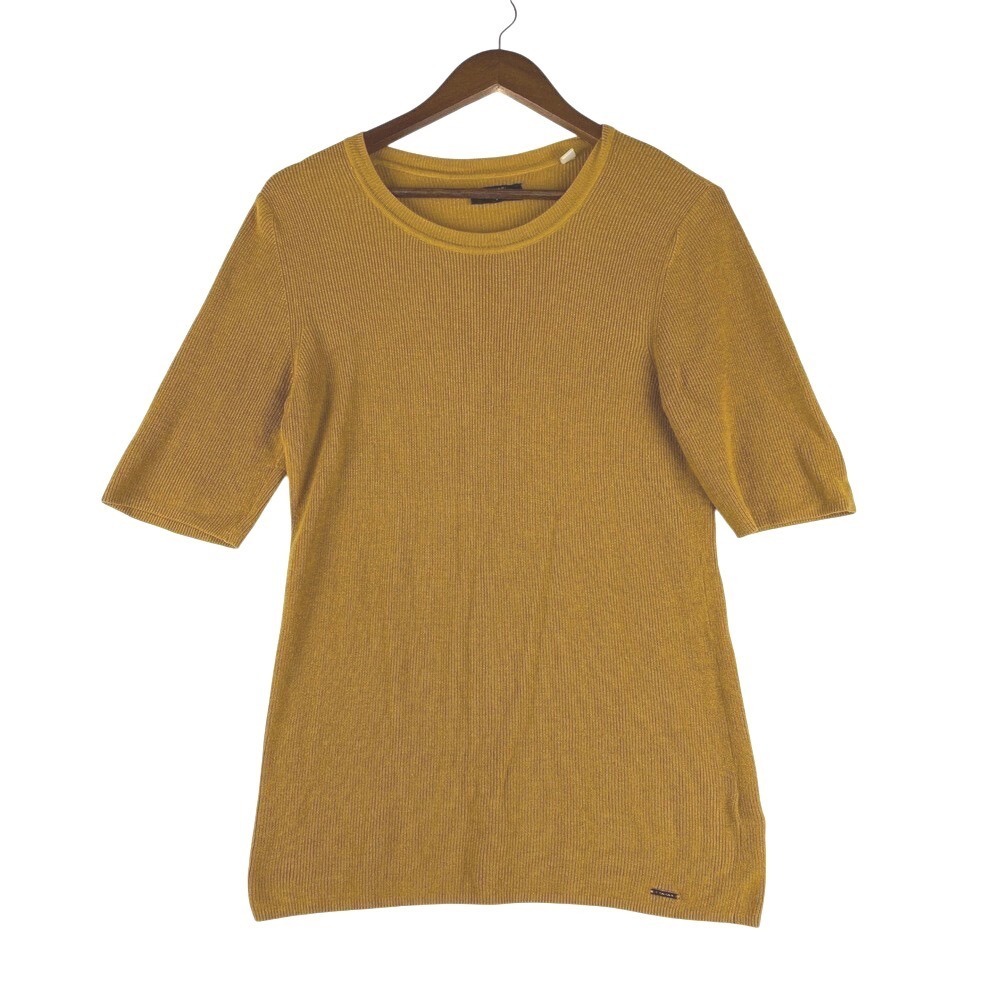 TAHARI Women Mustard Yellow Ribbed Knit Short Sleeve Tunic Shirt Top M